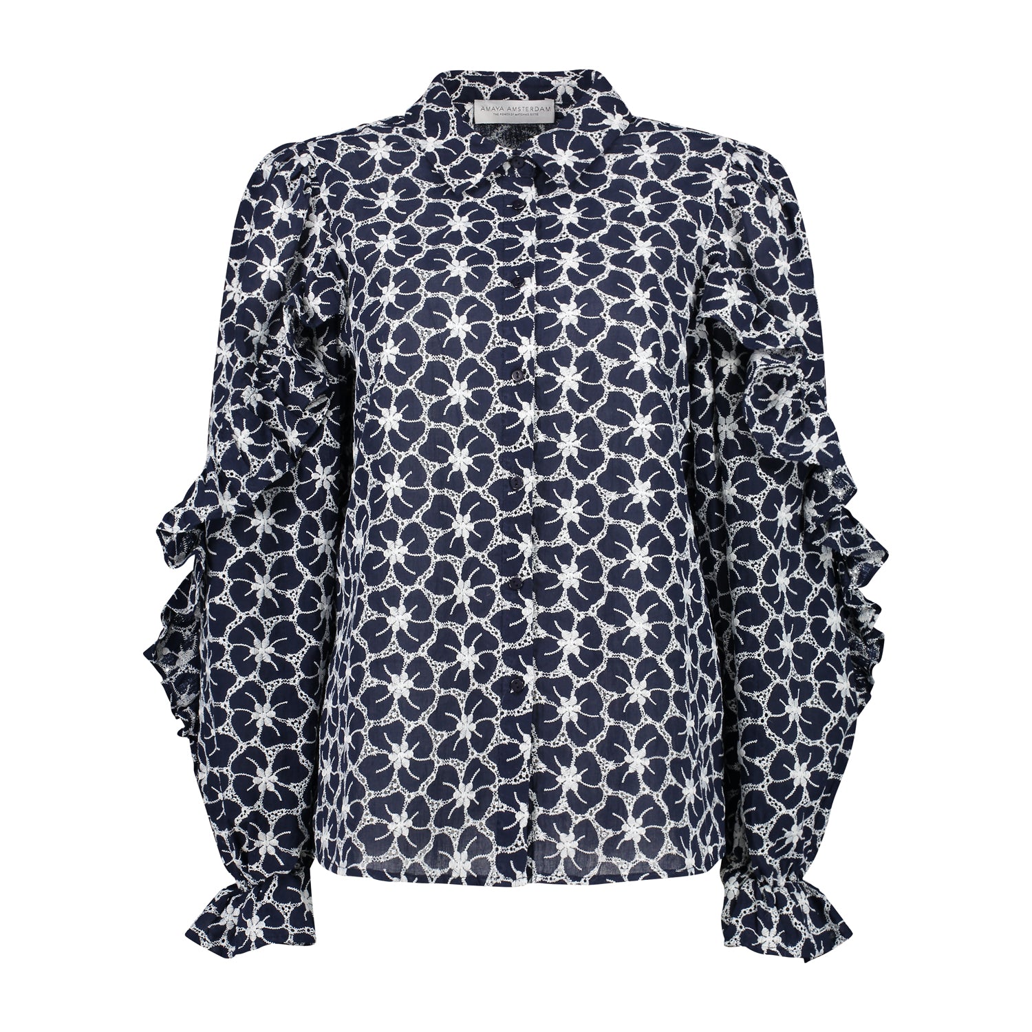 Linde blouse | Blue broderie | Ruffles | Amaya Amsterdam